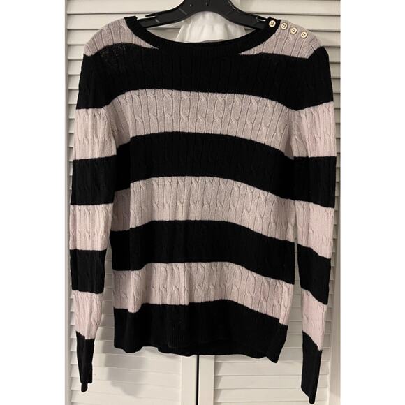 Talbots Women's Button Neck Sweater Cotton Blend S/P Black*Cream Stripes - Picture 1 of 4